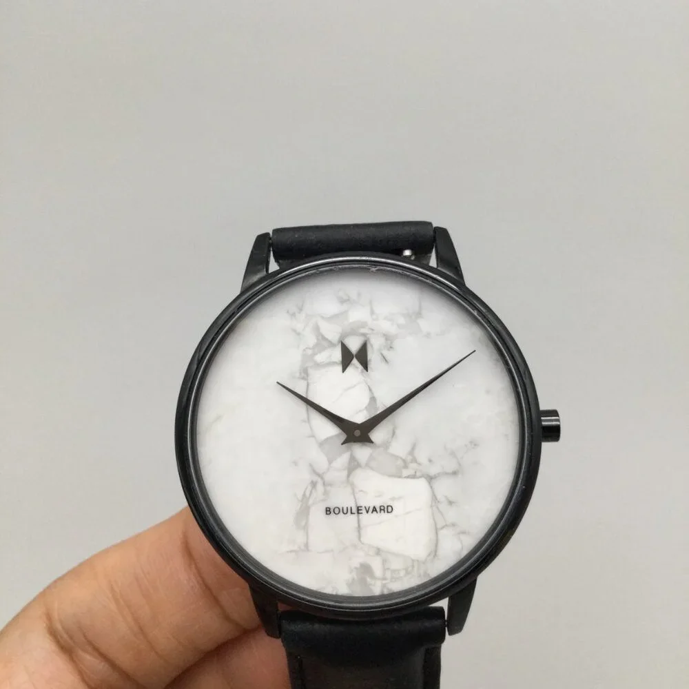 MVMT Boulevard Marble Watch Men 38mm Black Leather Band New Battery